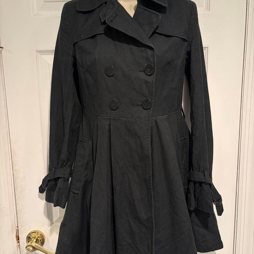 French Connection Black Peplum Trench Coat Women 2 Bamboo Cotton Double Breasted